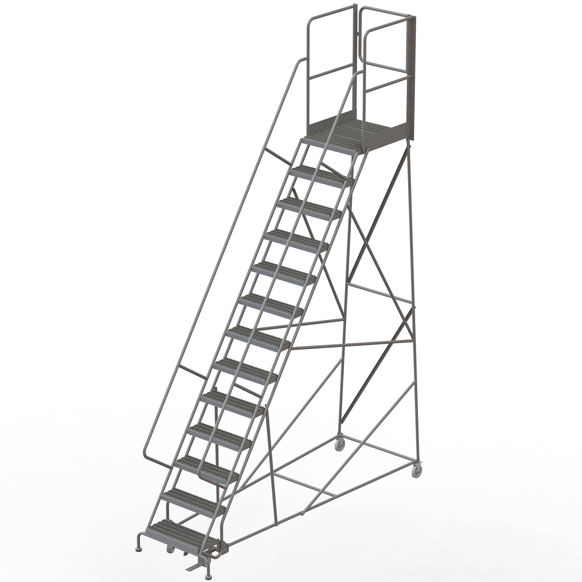 Tri-Arc 13-Step Steel Rolling Ladder with Serrated Steps and Rear Exit Gate, Gray, 24in.W x 30in.D Platform, 450-Lb. Capacity, Model# KDSR113242-XR